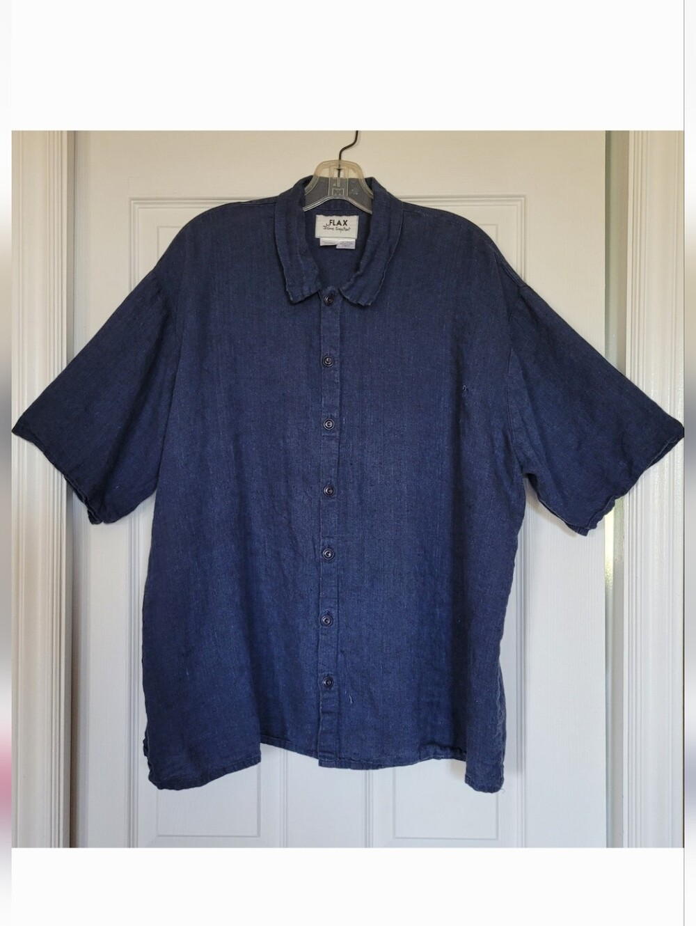 FLAX by JEANNE ENGLEHART LINEN SHIRT RELAXED BUTTON UP SHORT SLEEVE CAMP LARGE